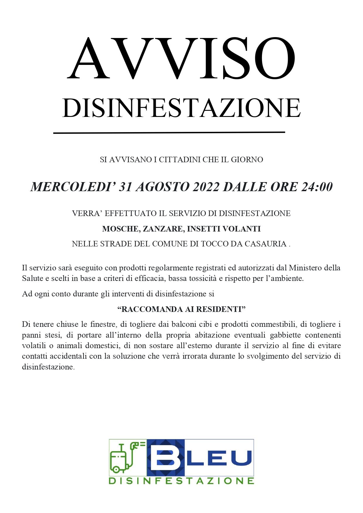 AVVISO DISINFESTAZIONE